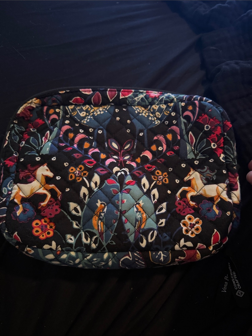 Vera Bradley Quilted Travel Pouch in Black with Multicolor Floral & Horse Print